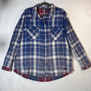 Free People Studded Plaid Zip Up Shirt Blue White Distressed Frayed Hem Small